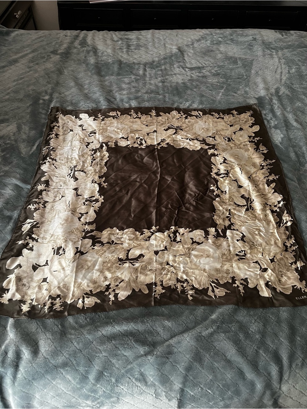 Ellen Tracy Brown Scarf with Cream Floral Border